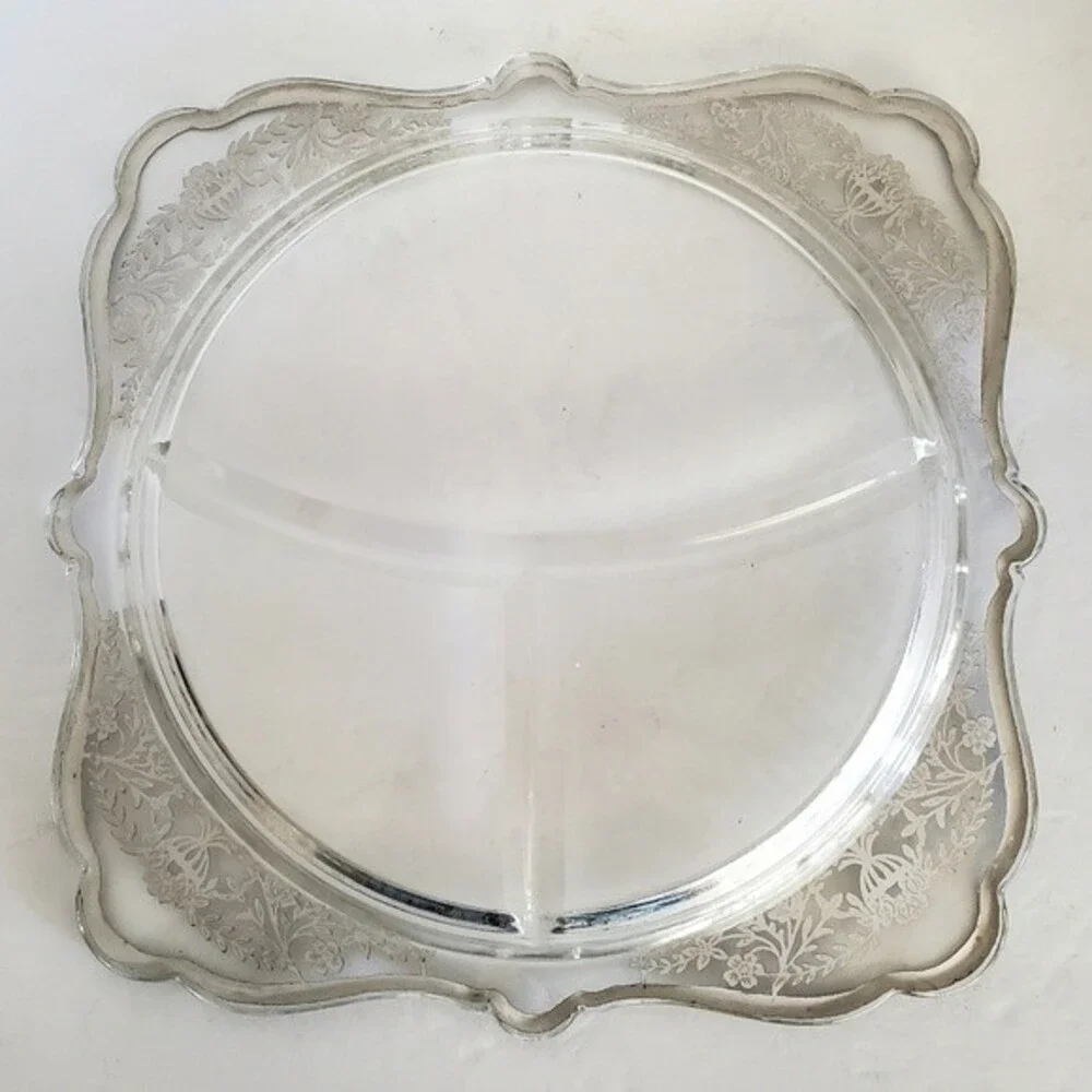 Vintage Imperial Glass Art Deco Silver Overlay Divided Grill Plate 10